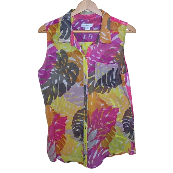 Liz Claiborne Tops - Liz Claiborne | Sheer Colorful Tropical Leaf Sleeveless Button Front Blouse